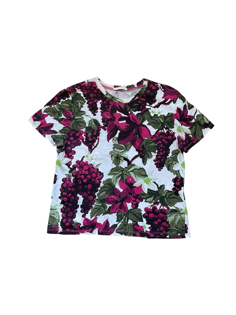 Zara Short Sleeve Floral & Grape Print Top - Pink, Green, White